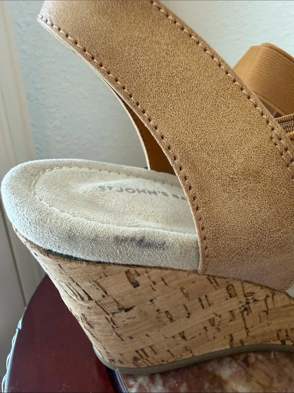 St. John’s Bay Wedge Sandals 8 Silver Studs Denim Straps & Tan Elastic Strap